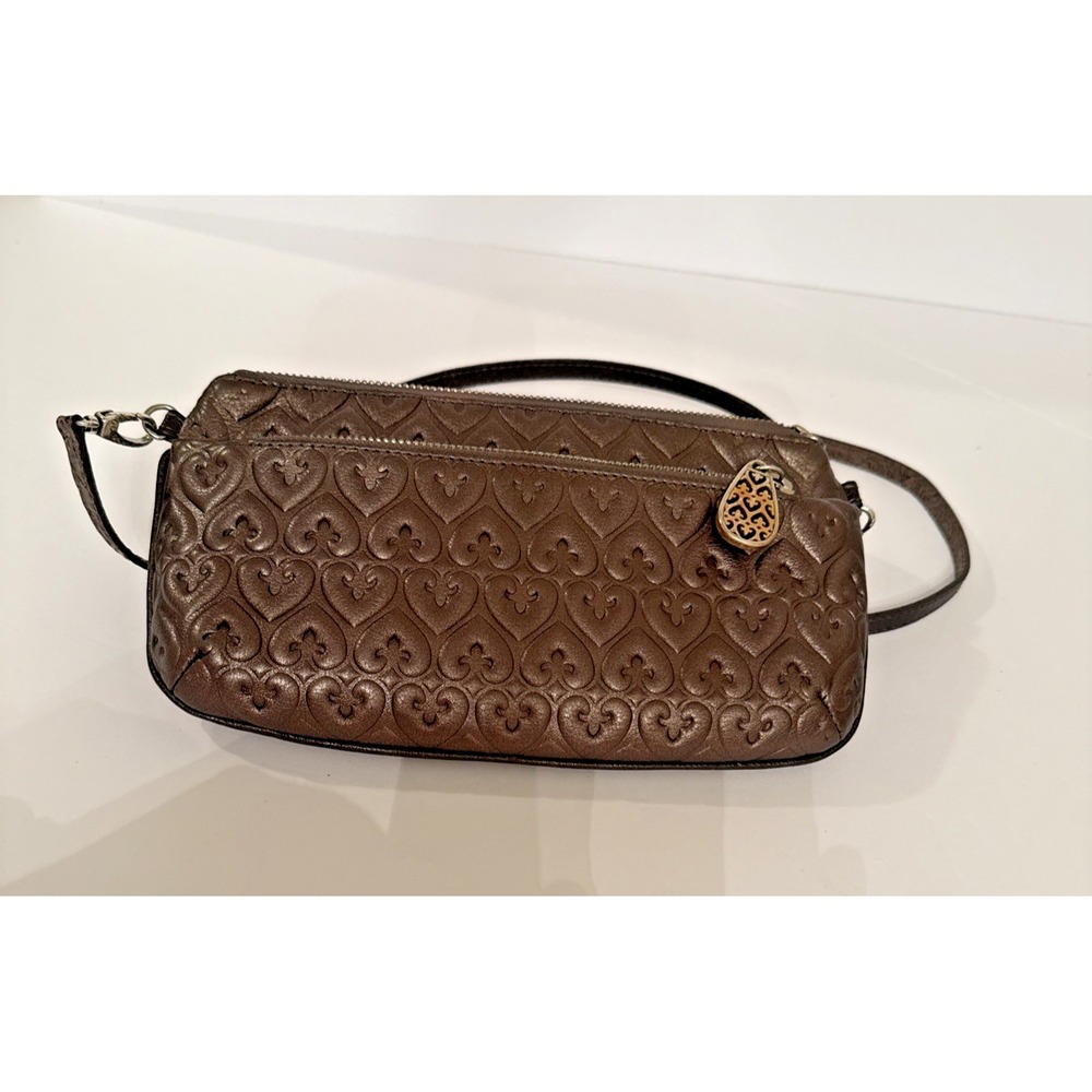 Brighton Queen of Love Taupe Leather Embossed Heart Crossbody Purse Small Bag
